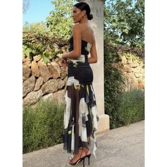 ZARA Strapless Midi Dress Floral Print Tulle Ruched Y2k Style Maxi Blogger Fav - Picture 13 of 15